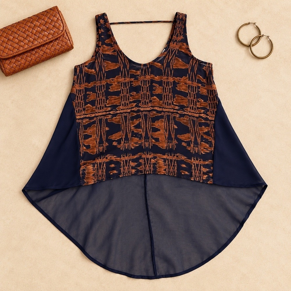 LUSH Women's M Navy Rust Sheer High Low Tunic Tank Boho Festival Artsy